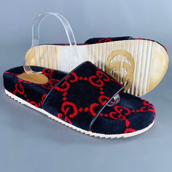GUCCI Size 10.5 Black Red Guccissima Monogram Velvet Slip On Sandals - Picture 5 of 9